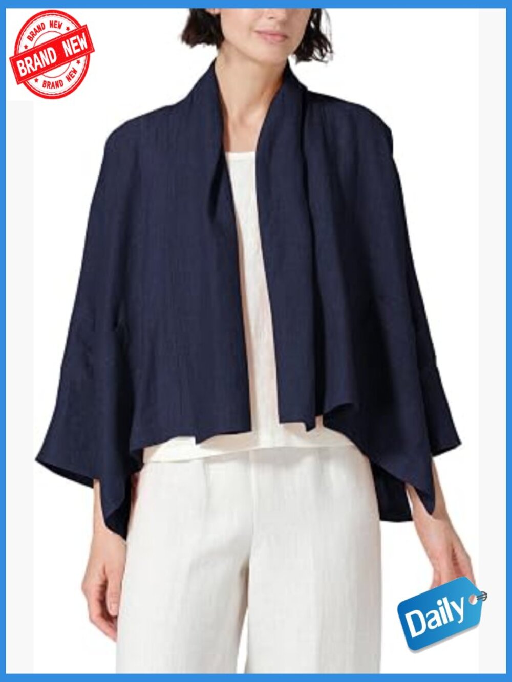 Linen Summer Cardigan Women Lightweight 3/4 Sleeve Shrug Blazer Jacket Kimono